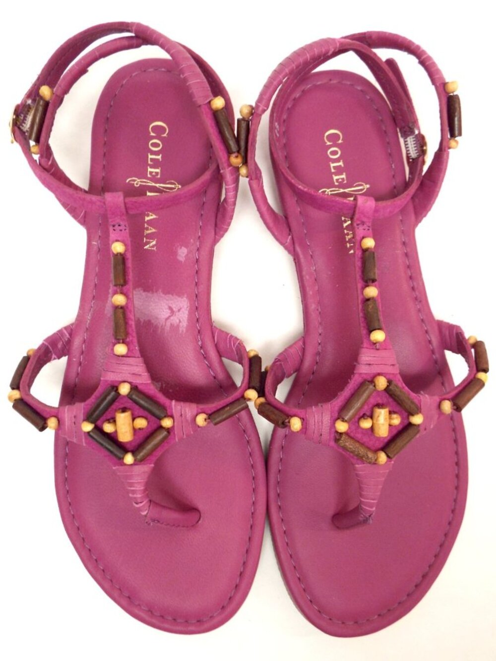 Unworn COLE HAAN Beaded Detail Pink Leather T-strap Ankle Thong Sandals 7.5